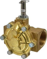 Parker - 1-1/2" Port, Two Way, Piloted Diaphragm, Brass Solenoid Valve - Normally Open, 125 Max PSI, NBR Seal - Industrial Tool & Supply