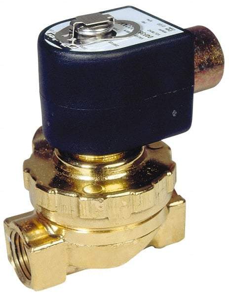 Parker - 1/2" Port, Two Way, Piloted Diaphragm, Brass Solenoid Valve - Normally Closed, 80 Max PSI, PTFE Seal - Industrial Tool & Supply