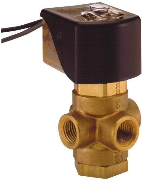 Parker - 1/4" Port, Three Way, Direct Acting, Brass Solenoid Valve - Universal, 125 Max PSI, NBR Seal - Industrial Tool & Supply