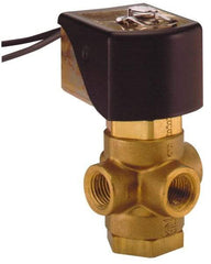 Parker - 1/4" Port, Three Way, Direct Acting, Brass Solenoid Valve - Universal, 125 Max PSI, NBR Seal - Industrial Tool & Supply