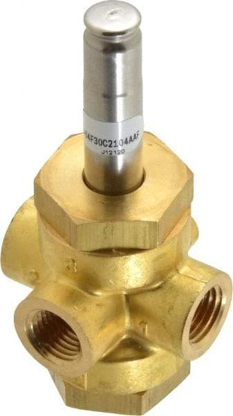 Parker - 1/4" Port, Three Way, Direct Acting, Brass Solenoid Valve - Normally Closed, 125 Max PSI, NBR Seal - Industrial Tool & Supply
