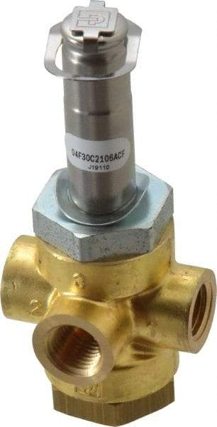 Parker - 1/4" Port, Three Way, Direct Acting, Brass Solenoid Valve - Normally Closed, 150 Max PSI, NBR Seal - Industrial Tool & Supply