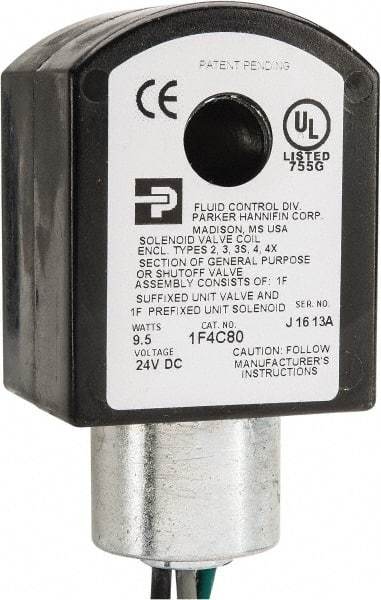 Parker - 24 Volt, 18 Coil Lead Length, Class F, Solenoid Coil - 9.5 Watt, NEMA 4X Enclosure, Use with Parker Skinner Gold Ring Series Valves - Industrial Tool & Supply