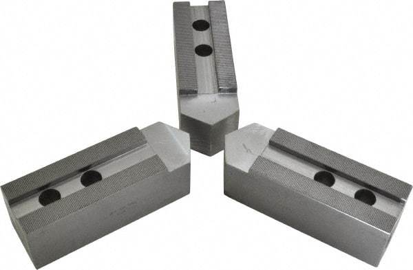 H & R Manufacturing - 1.5mm x 60° Serrated Attachment, Square Soft Lathe Chuck Jaw - 3 Jaws, Steel, 1.69" Btw Mount Hole Ctrs, 7-1/2" Long x 2-1/2" Wide x 2-1/2" High, 0.866" Groove, 20mm Fastener - Industrial Tool & Supply