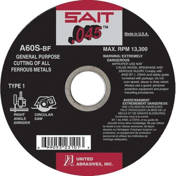 Sait - 7" 60 Grit Aluminum Oxide Cutoff Wheel - 0.045" Thick, 5/8" Arbor, 8,500 Max RPM, Use with Angle Grinders - Industrial Tool & Supply