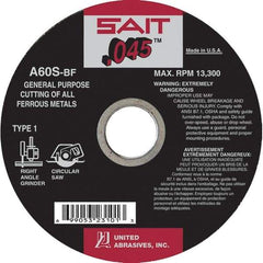 Sait - 7" 60 Grit Aluminum Oxide Cutoff Wheel - 0.045" Thick, 5/8" Arbor, 8,500 Max RPM, Use with Angle Grinders - Industrial Tool & Supply