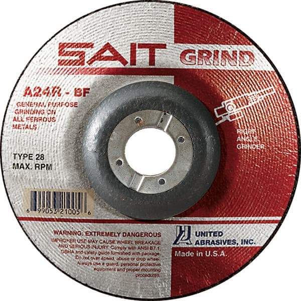 Sait - 24 Grit, 9" Wheel Diam, 1/4" Wheel Thickness, 7/8" Arbor Hole, Type 28 Depressed Center Wheel - Aluminum Oxide, Resinoid Bond, R Hardness, 6,600 Max RPM, Compatible with Angle Grinder - Industrial Tool & Supply