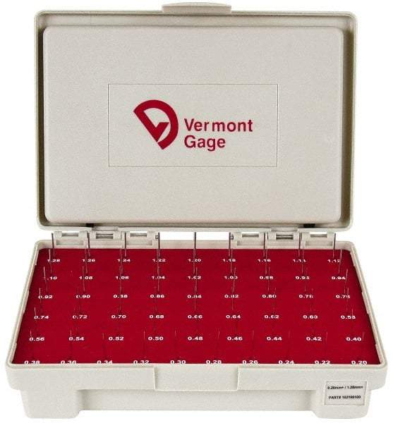Vermont Gage - 55 Piece, 0.2-1.28 mm Diameter Plug and Pin Gage Set - Plus 0.01 mm Tolerance, Class ZZ - Industrial Tool & Supply