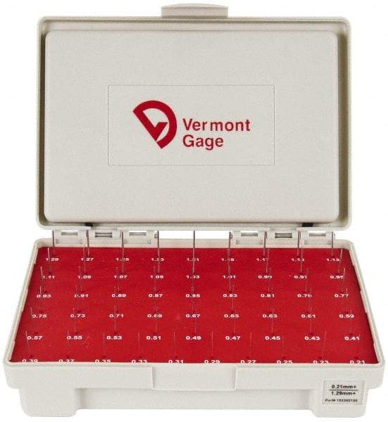 Vermont Gage - 55 Piece, 0.21-1.29 mm Diameter Plug and Pin Gage Set - Plus 0.01 mm Tolerance, Class ZZ - Industrial Tool & Supply