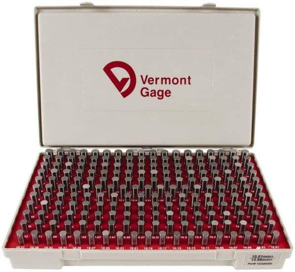 Vermont Gage - 200 Piece, 10.01-13.99 mm Diameter Plug and Pin Gage Set - Plus 0.01 mm Tolerance, Class ZZ - Industrial Tool & Supply