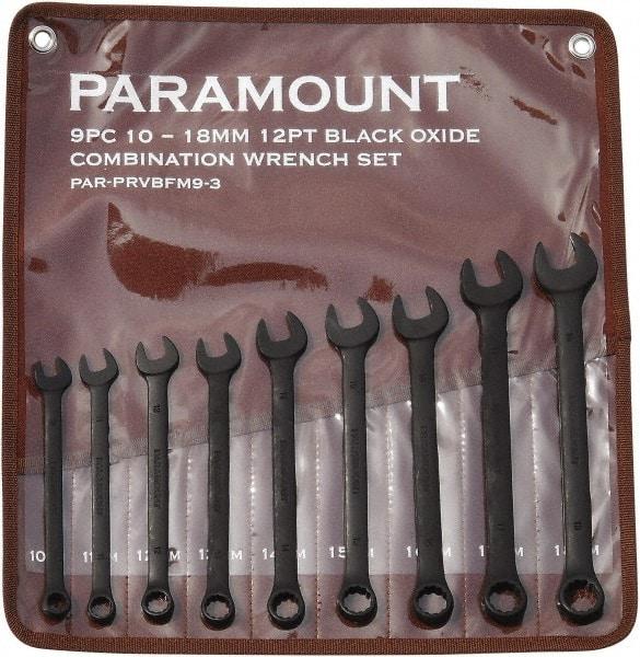 Paramount - 9 Piece, 10mm to 18mm, 12 Point Combination Wrench Set - Metric Measurement Standard, Black Oxide Finish, Comes in Canvas Roll - Industrial Tool & Supply