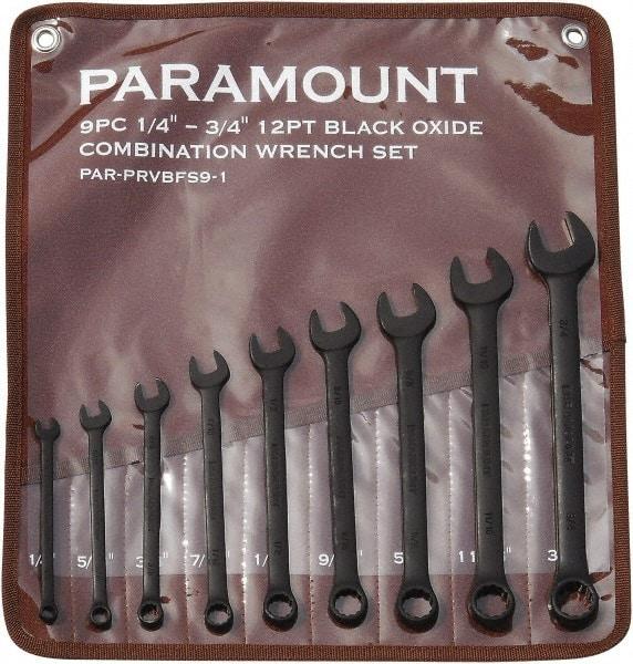 Paramount - 9 Piece, 1/4" to 3/4", 12 Point Combination Wrench Set - Inch Measurement Standard, Black Oxide Finish, Comes in Canvas Roll - Industrial Tool & Supply