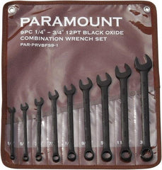Paramount - 9 Piece, 1/4" to 3/4", 12 Point Combination Wrench Set - Inch Measurement Standard, Black Oxide Finish, Comes in Canvas Roll - Industrial Tool & Supply