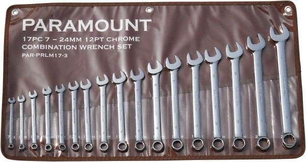 Paramount - 17 Piece, 7mm to 24mm, 12 Point Combination Wrench Set - Metric Measurement Standard, Full Polish Finish, Comes in Canvas Roll - Industrial Tool & Supply
