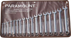 Paramount - 17 Piece, 7mm to 24mm, 12 Point Combination Wrench Set - Metric Measurement Standard, Full Polish Finish, Comes in Canvas Roll - Industrial Tool & Supply