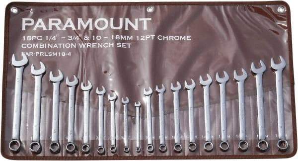 Paramount - 18 Piece, 1/4" to 3/4" (10mm to 18mm), 12 Point Combination Wrench Set - Inch/Metric Measurement Standard, Full Polish Finish, Comes in Canvas Roll - Industrial Tool & Supply