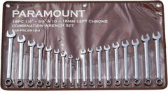 Paramount - 18 Piece, 1/4" to 3/4" (10mm to 18mm), 12 Point Combination Wrench Set - Inch/Metric Measurement Standard, Full Polish Finish, Comes in Canvas Roll - Industrial Tool & Supply