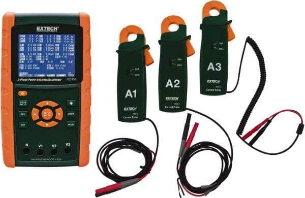 Extech - 3 Phase, 600 VAC, 0.01 to 200 Amp Capability, 45 to 65 Hz Calibration, LCD Display Power Meter - 0.5 Current Accuracy, 0.5 Voltage Accuracy - Industrial Tool & Supply