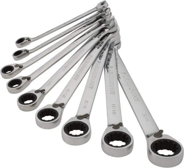 Paramount - 9 Piece, 9/32" to 3/4", 12 Point Ratcheting Reversible Combination Wrench Set - Inch Measurement Standard, Chrome Finish, Comes in Canvas Roll - Industrial Tool & Supply
