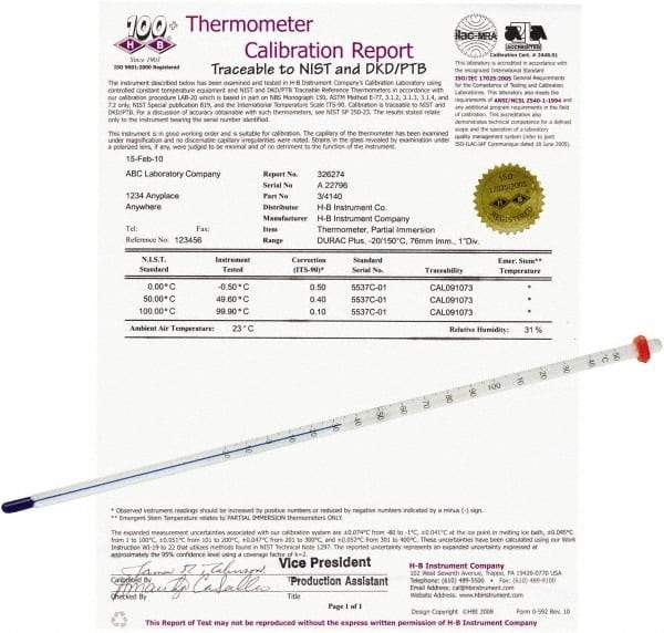 H-B Instruments - -20 to 110°C, Organic Filled Precision Thermometer - 12 Inch Immersion Length - Industrial Tool & Supply