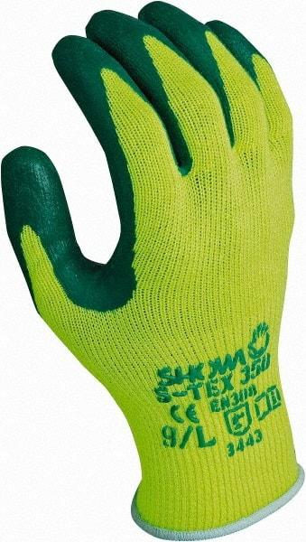 SHOWA - Size S (7), ANSI Cut Lvl 4, Puncture Lvl 3, Abrasion Lvl 4, Nitrile Coated Nitrile Cut Resistant Gloves - 10" Long, Palm Coated, Polyester, Stainless Steel & Kevlar Lining, Knit Wrist, Green/Yellow, Paired - Industrial Tool & Supply