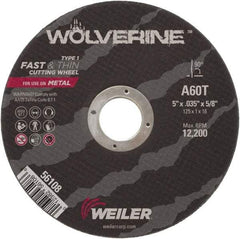 Weiler - 5" 60 Grit Aluminum Oxide Cutoff Wheel - 0.035" Thick, 5/8" Arbor, 12,200 Max RPM, Use with Portable Tools - Industrial Tool & Supply