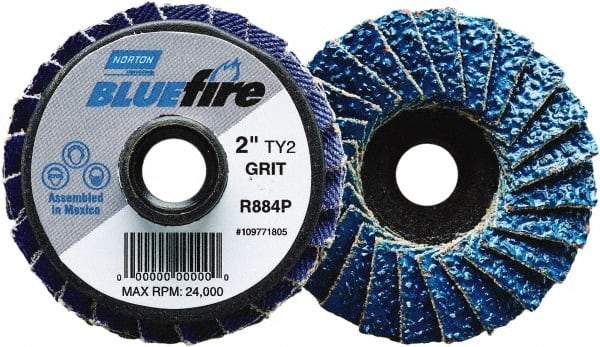Norton - 40 Grit, 2" Disc Diam, Type 27 Zirconia Alumina Flap Disc - 30,000 Max RPM, Fiberglass Backing, Quick Change Type S Attaching System, Coated - Industrial Tool & Supply