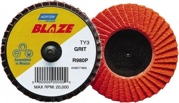 Norton - 120 Grit, 3" Disc Diam, Type 27 Ceramic Alumina Flap Disc - 30,000 Max RPM, Fiberglass Backing, Quick Change Type R Attaching System, Coated - Industrial Tool & Supply