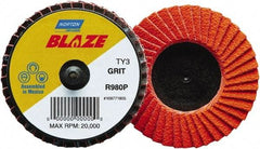 Norton - 60 Grit, 3" Disc Diam, Type 27 Ceramic Alumina Flap Disc - 30,000 Max RPM, Fiberglass Backing, Quick Change Type R Attaching System, Coated - Industrial Tool & Supply