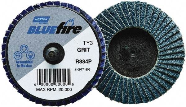 Norton - 120 Grit, 2" Disc Diam, Type 27 Zirconia Alumina Flap Disc - 30,000 Max RPM, Fiberglass Backing, Quick Change Type R Attaching System, Coated - Industrial Tool & Supply