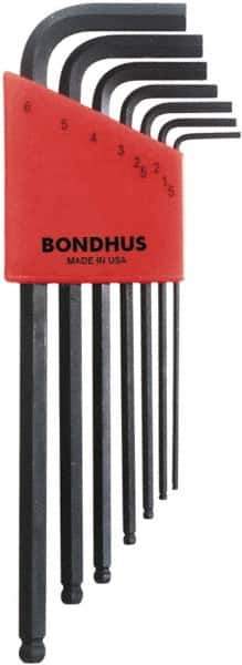 Bondhus - 7 Piece L-Key Ball End Hex Key Set - Hex Range 1.5 to 6mm, 8-3/4" OAL, Protanium High Torque Steel - Industrial Tool & Supply
