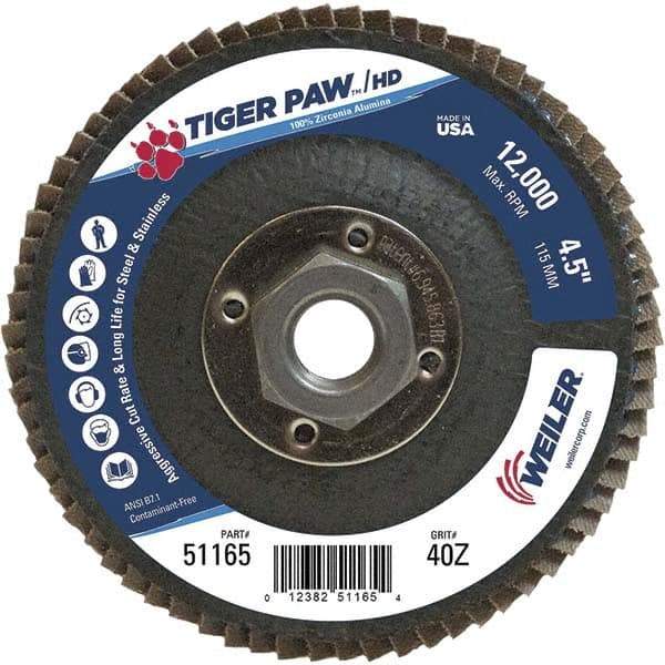 Weiler - 40 Grit, 4-1/2" Disc Diam, 5/8-11 Center Hole, Type 27 Zirconia Alumina Flap Disc - 12,000 Max RPM, Phenolic Backing, Arbor Attaching System, Coated - Industrial Tool & Supply