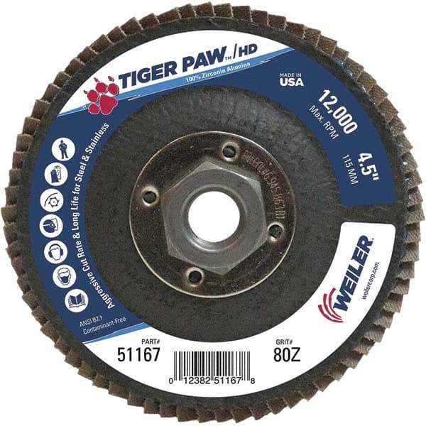 Weiler - 80 Grit, 4-1/2" Disc Diam, 5/8-11 Center Hole, Type 27 Zirconia Alumina Flap Disc - 12,000 Max RPM, Phenolic Backing, Arbor Attaching System, Coated - Industrial Tool & Supply