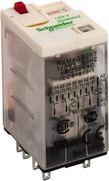 Square D - 14 Pins, 1.2 VA Power Rating, Ice Cube Electromechanical Plug-in General Purpose Relay - 3 Amp at 277 VAC, 4PDT, 120 VAC, 21mm Wide x 40mm High x 27mm Deep - Industrial Tool & Supply
