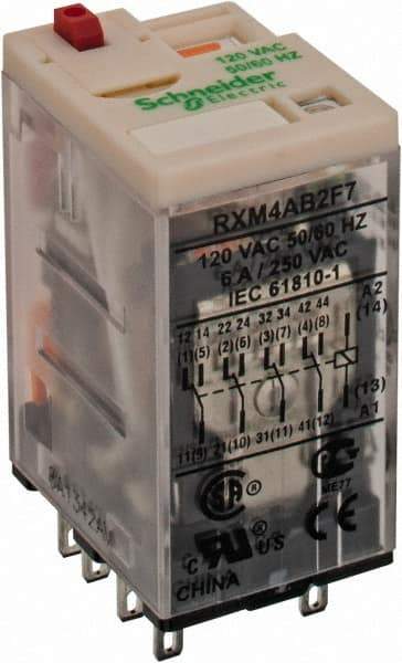 Square D - 14 Pins, 1.2 VA Power Rating, Ice Cube Electromechanical Plug-in General Purpose Relay - 6 Amp at 277 VAC, 4PDT, 120 VAC, 21mm Wide x 40mm High x 27mm Deep - Industrial Tool & Supply