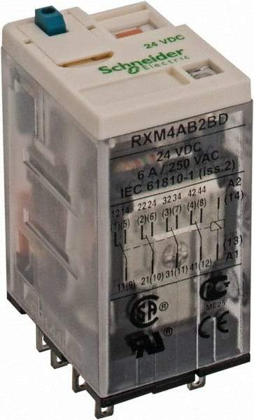Square D - 14 Pins, Ice Cube Electromechanical Plug-in General Purpose Relay - 6 Amp at 277 VAC, 4PDT, 24 VDC, 21mm Wide x 40mm High x 27mm Deep - Industrial Tool & Supply