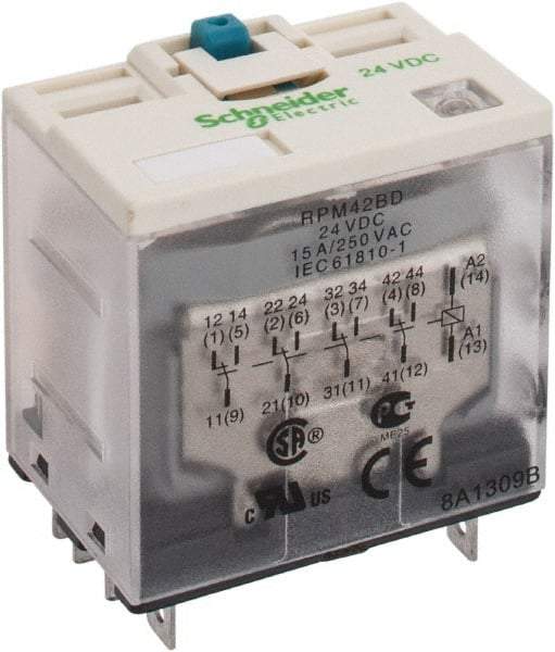 Square D - 14 Pins, Ice Cube Electromechanical Plug-in General Purpose Relay - 15 Amp at 277 V, 4PDT, 24 VDC, 41mm Wide x 39mm High x 27mm Deep - Industrial Tool & Supply