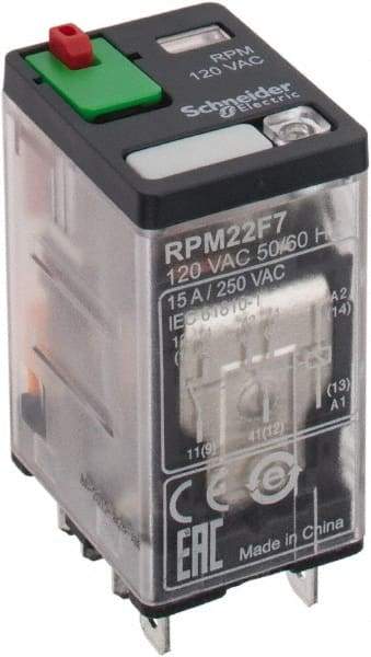 Square D - 8 Pins, 1.1 VA Power Rating, Ice Cube Electromechanical Plug-in General Purpose Relay - 15 Amp at 250 VAC, DPDT, 120 VAC, 21mm Wide x 39mm High x 27mm Deep - Industrial Tool & Supply