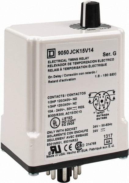 Square D - 8 Pin, 3 min Delay, DPDT Time Delay Relay - 10 Contact Amp, 24 VAC/VDC - Industrial Tool & Supply
