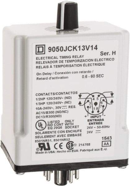 Square D - 8 Pin, 999 hr Delay, DPDT Time Delay Relay - 10 Contact Amp, 24 VAC/VDC - Industrial Tool & Supply