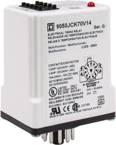 Square D - 11 Pin, 999 min Delay, Multiple Range DPDT Time Delay Relay - 10 Contact Amp, 24 VAC/VDC - Industrial Tool & Supply