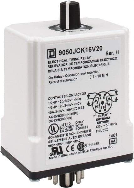 Square D - 8 Pin, 10 min Delay, DPDT Time Delay Relay - 10 Contact Amp, 110 VDC & 120 VAC - Industrial Tool & Supply