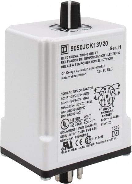 Square D - 8 Pin, 1 min Delay, Multiple Range DPDT Time Delay Relay - 10 Contact Amp, 110 VDC & 120 VAC - Industrial Tool & Supply