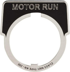 Square D - Metal Legend Plate - Motor Run - Black Background, White Letters, 30mm Hole Diameter - Industrial Tool & Supply