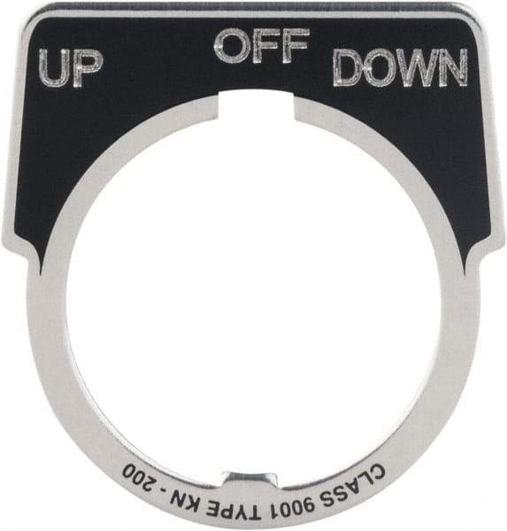 Square D - Metal Legend Plate - Up-Off-Down - Black Background, White Letters, 30mm Hole Diameter - Industrial Tool & Supply