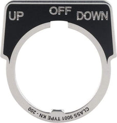Square D - Metal Legend Plate - Up-Off-Down - Black Background, White Letters, 30mm Hole Diameter - Industrial Tool & Supply