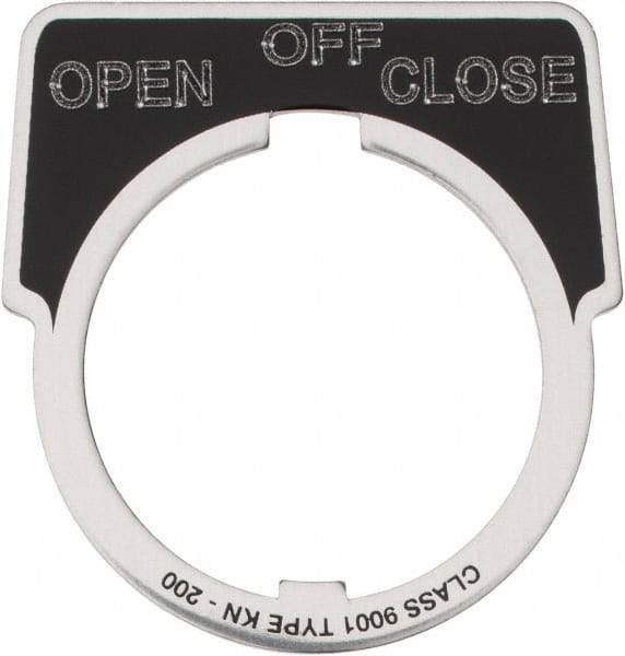 Square D - Metal Legend Plate - Close, Off, Open - Black Background, White Letters, 30mm Hole Diameter - Industrial Tool & Supply
