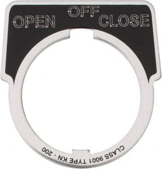 Square D - Metal Legend Plate - Close, Off, Open - Black Background, White Letters, 30mm Hole Diameter - Industrial Tool & Supply