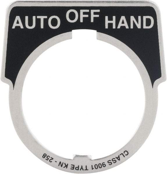 Square D - Metal Legend Plate - Auto-Off-Hand - Black Background, White Letters, 30mm Hole Diameter - Industrial Tool & Supply