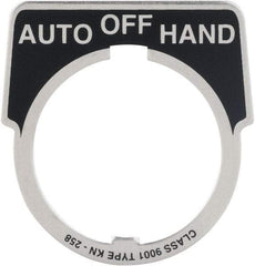 Square D - Metal Legend Plate - Auto-Off-Hand - Black Background, White Letters, 30mm Hole Diameter - Industrial Tool & Supply